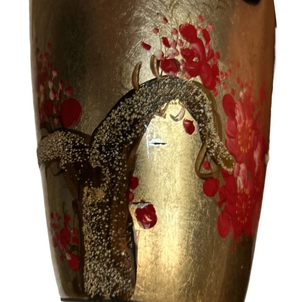 Gold Lacquerware Asian Decor Vase Hand Painted Red Cherry Blossom 12